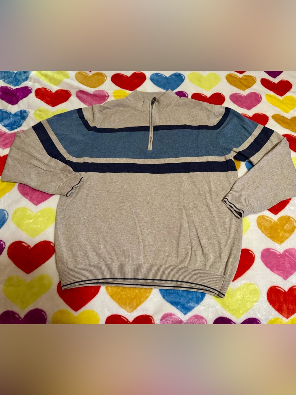 Roundtree & Yorke Beige Half-Zip Sweater with Blue & Navy Stripes